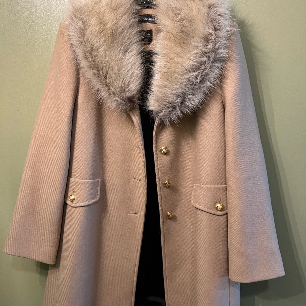 Zara Tan Pea Coat with Faux Fur tan peacoat